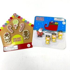 2 Pack Novelty Erasers Holiday Christmas Gingerbread House Santa Reindeers